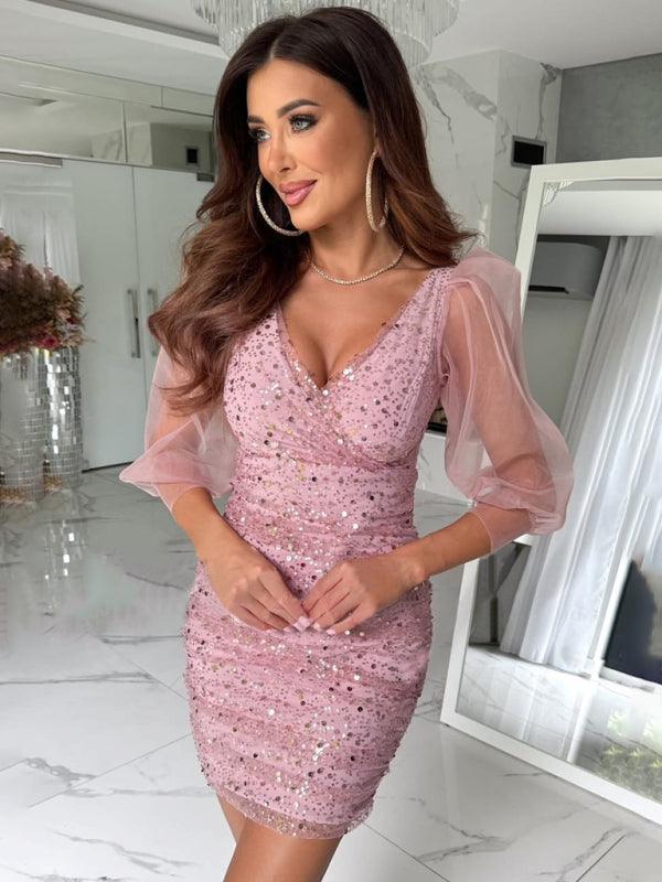 Mini Jurk met V-hals en Pailletten - Mini Dresses - Jurkjes.co