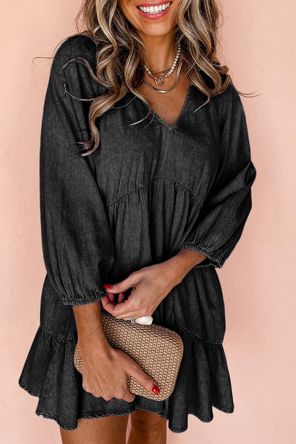 Mini Jurk met V-hals en Pofmouwen - Mini Dresses - Jurkjes.co