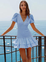 Mini Jurk met V-hals en Pofmouwen - Mini Dresses - Jurkjes.co