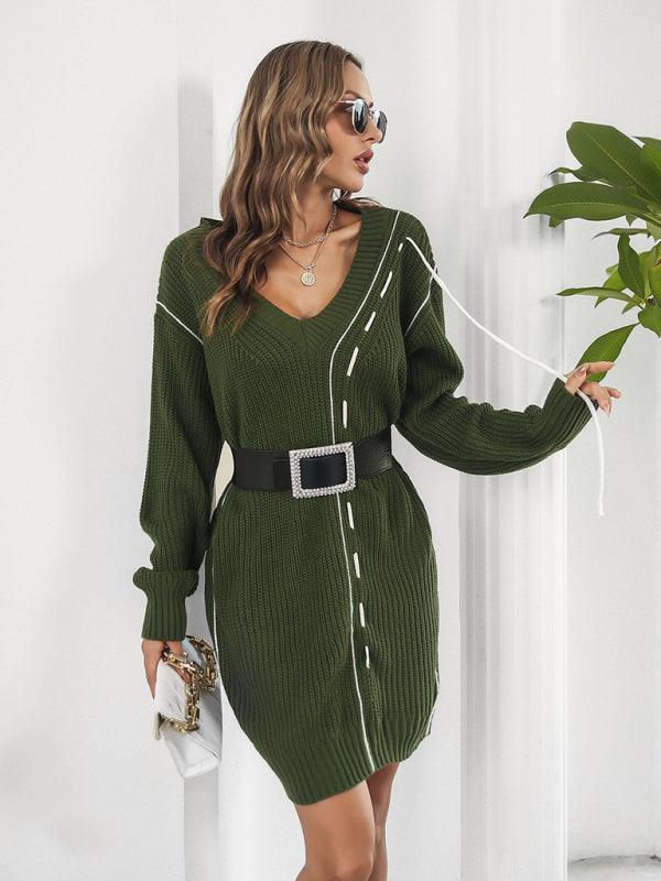 Mini Jurk met V-hals en Ribgebreide Stof - Mini Dresses - Jurkjes.co