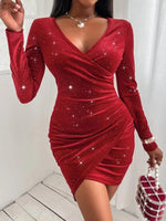 Mini Jurk met V-hals en Rimpelontwerp - Bodycon Dresses - Jurkjes.co