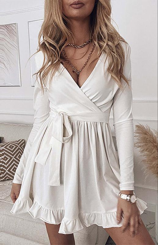 Mini Jurk met V-hals en Striksluiting - Mini Dresses - Jurkjes.co