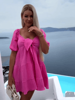 Mini Jurk met V-hals en Striksluiting - Mini Dresses - Jurkjes.co