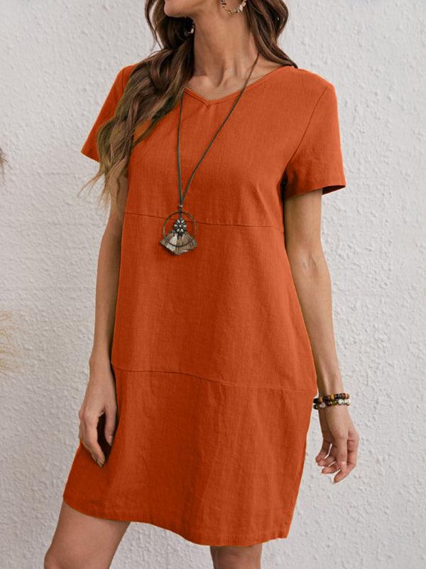 Mini Jurk met V-hals in Effen Kleur - Mini Dresses - Jurkjes.co