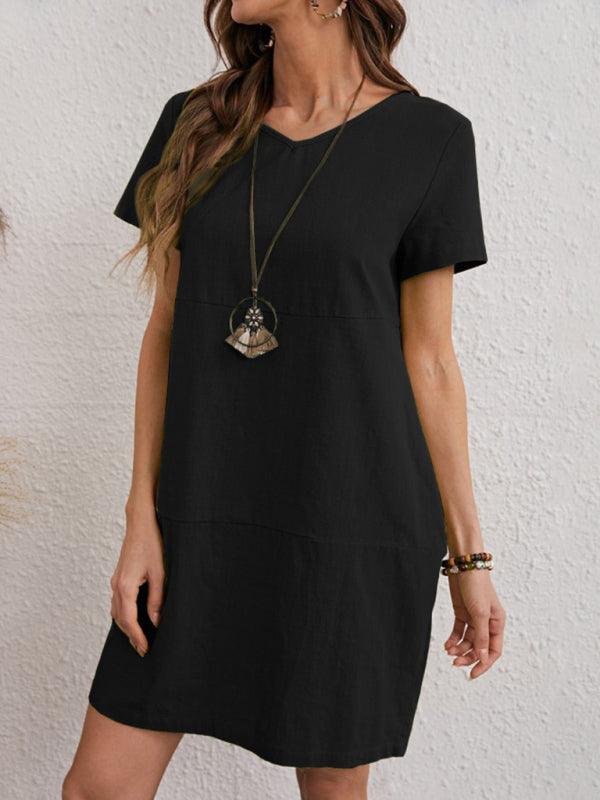 Mini Jurk met V-hals in Effen Kleur - Mini Dresses - Jurkjes.co