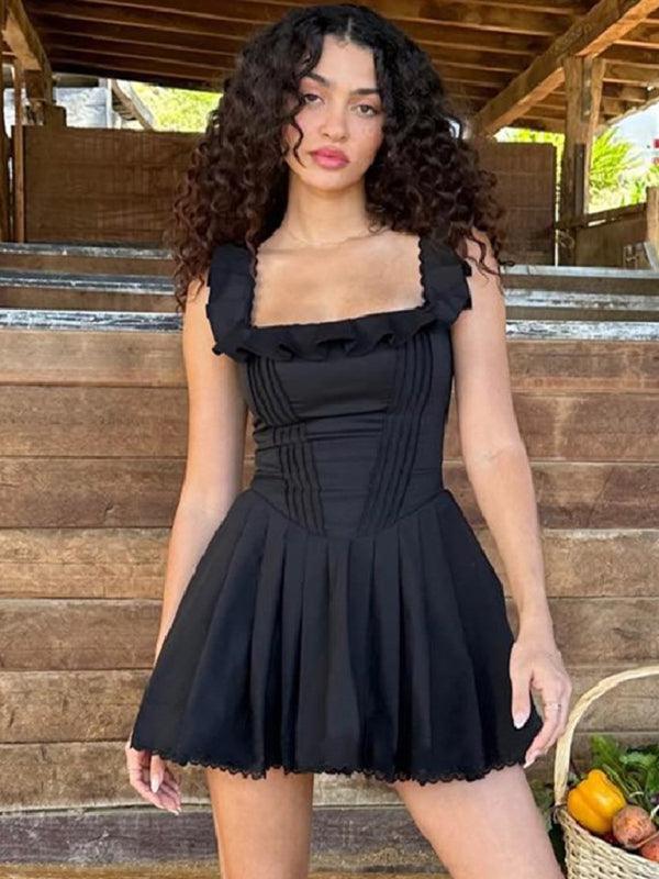 Mini Jurk met Vierkante Hals en Visgraatdetails - Mini Dresses - Jurkjes.co