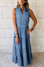 Mouwloze Chambray Maxi Jurk met Lagen - Maxi Dresses - Jurkjes.co