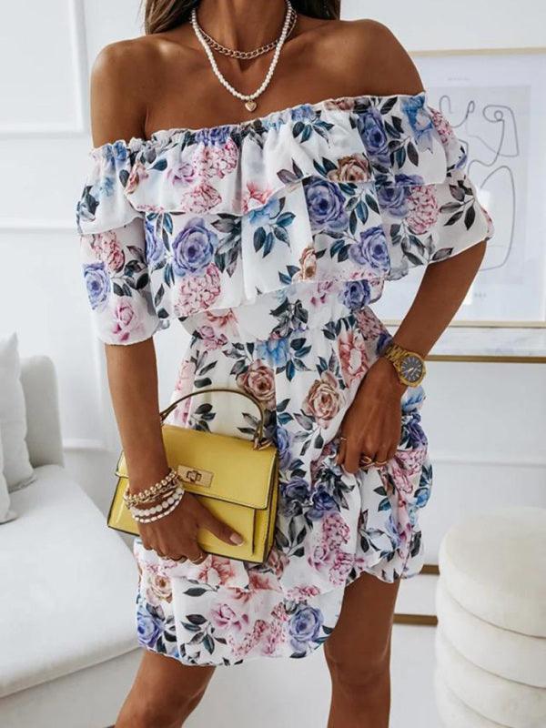 Off-shoulder Jurk met Bloemenprint - Mini Dresses - Jurkjes.co