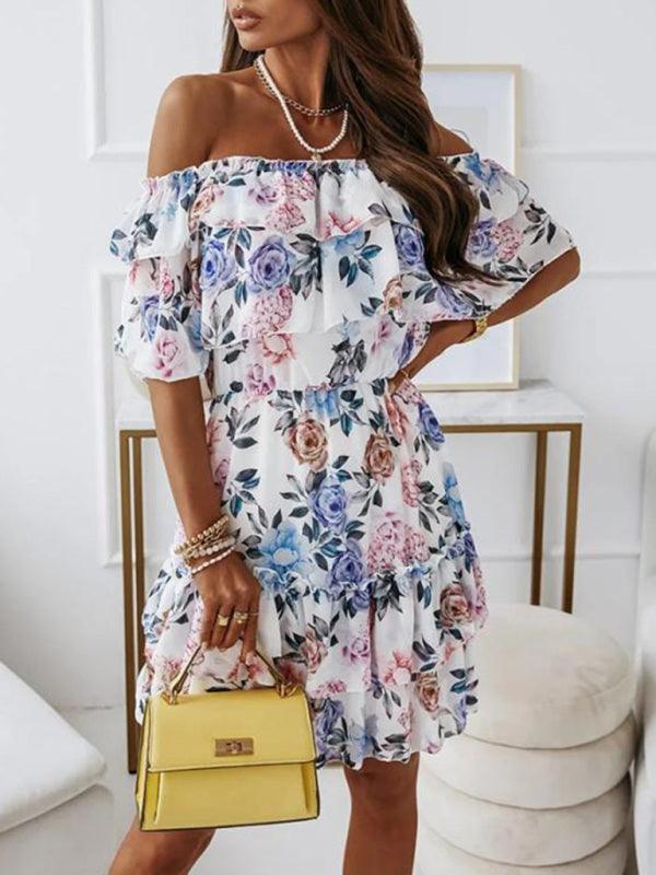 Off-shoulder Jurk met Bloemenprint - Mini Dresses - Jurkjes.co