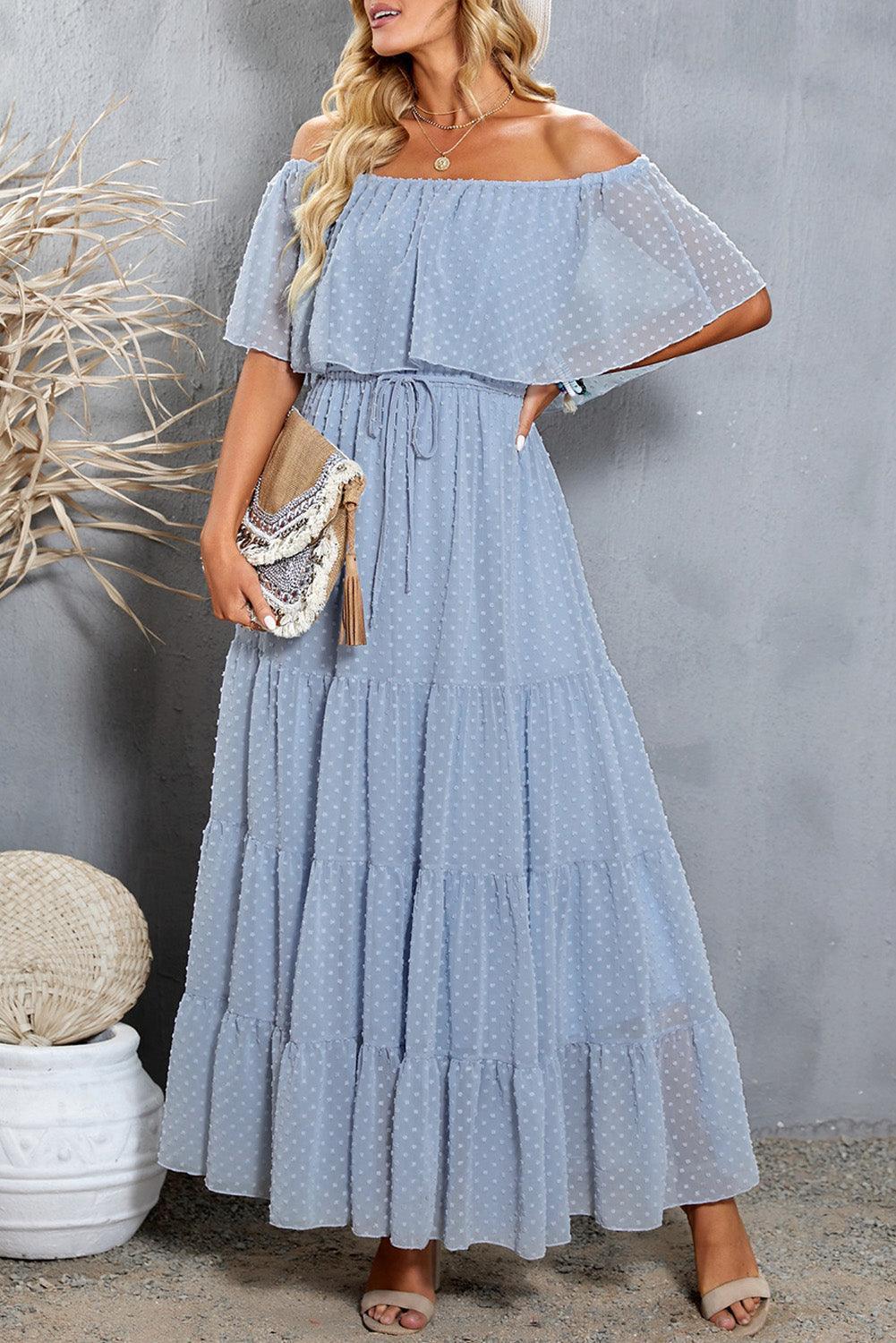 Off-Shoulder Maxi Jurk met Zwitserse Stippen - Maxi Dresses - Jurkjes.co