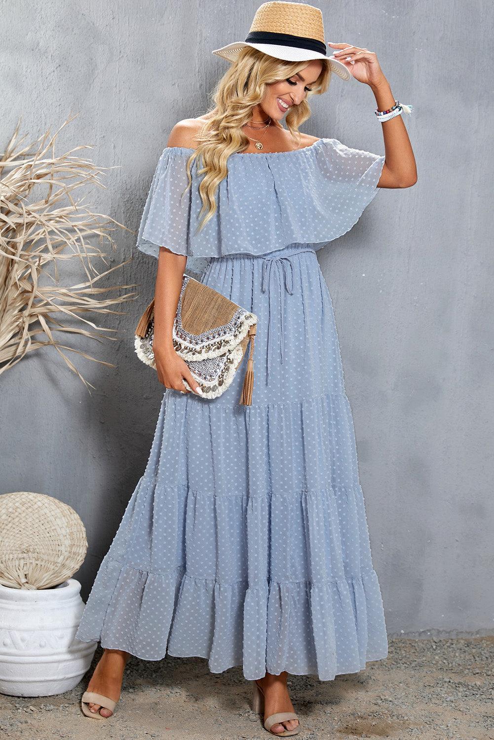 Off-Shoulder Maxi Jurk met Zwitserse Stippen - Maxi Dresses - Jurkjes.co