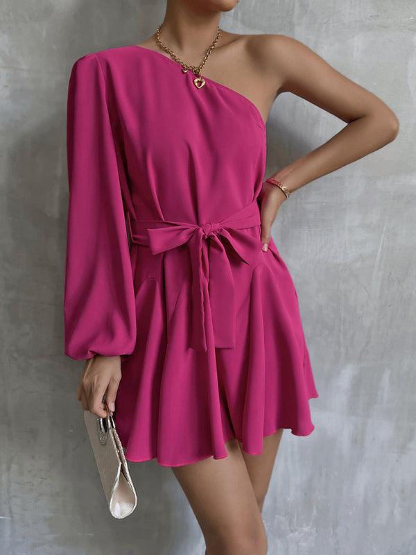 One-shoulder Mini Jurk met Tailleband - Mini Dresses - Jurkjes.co