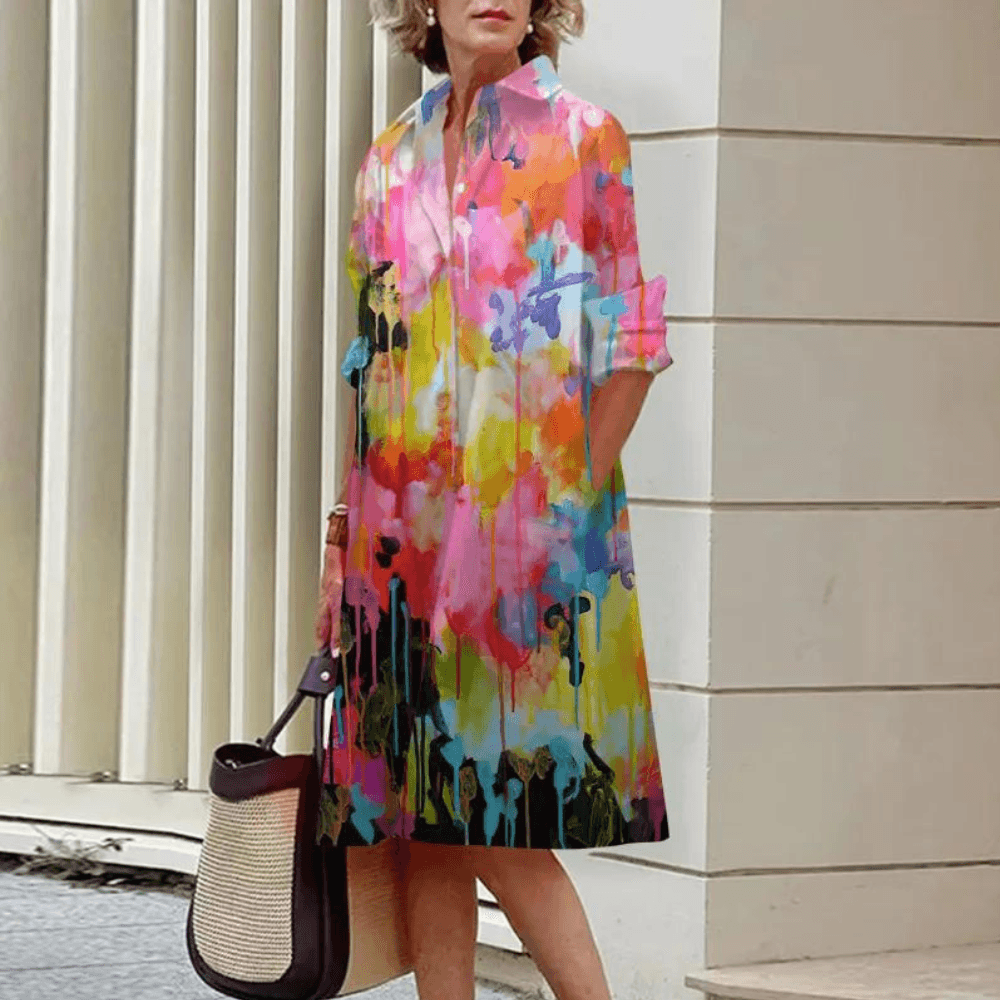 Overhemdjurk met Aquarelprint - CB - Dresses - Jurkjes.co