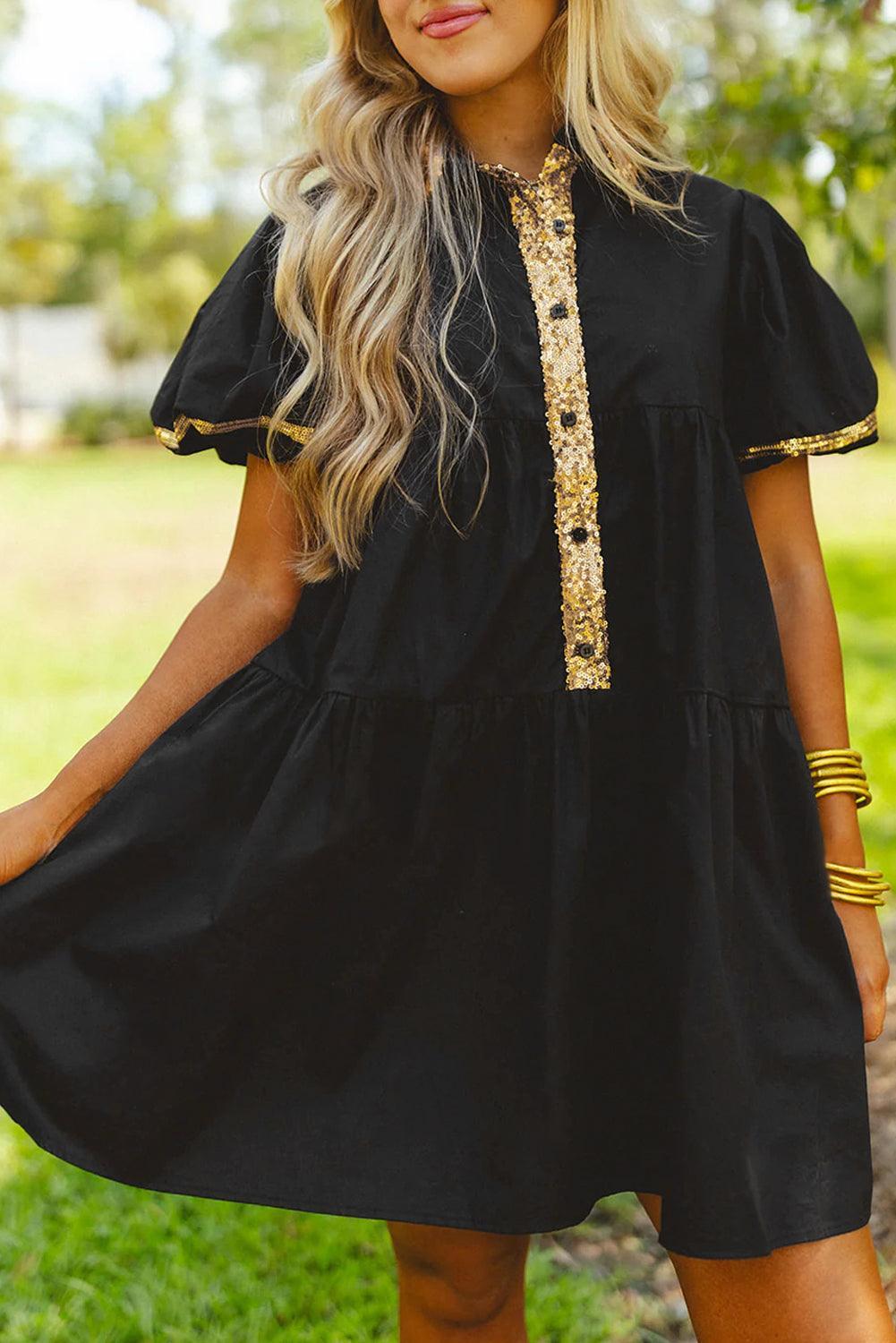 Pailletten Trim Blousejurk met Pofmouwen - Mini Dresses - Jurkjes.co