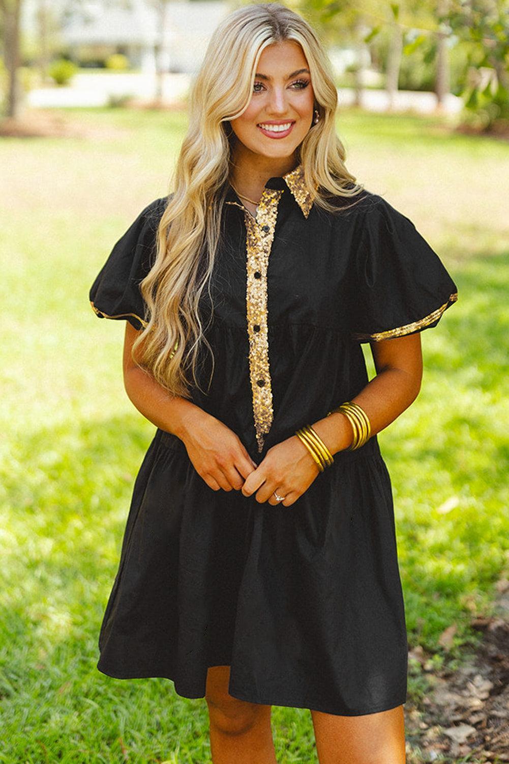 Pailletten Trim Blousejurk met Pofmouwen - Mini Dresses - Jurkjes.co