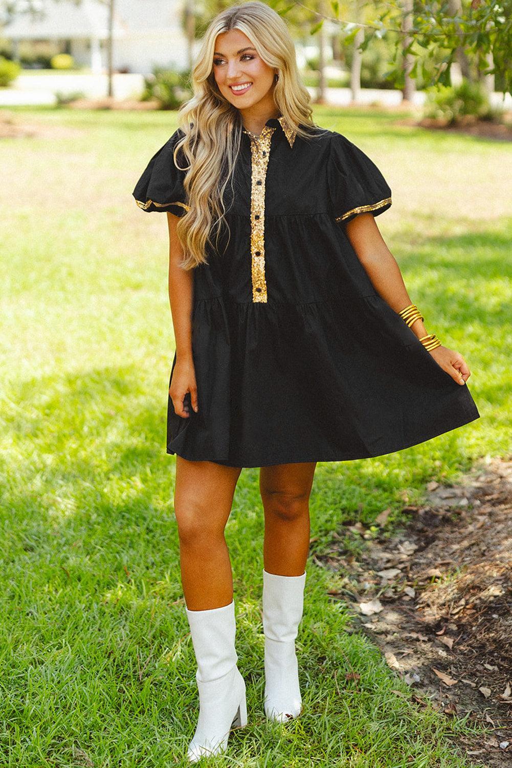 Pailletten Trim Blousejurk met Pofmouwen - Mini Dresses - Jurkjes.co