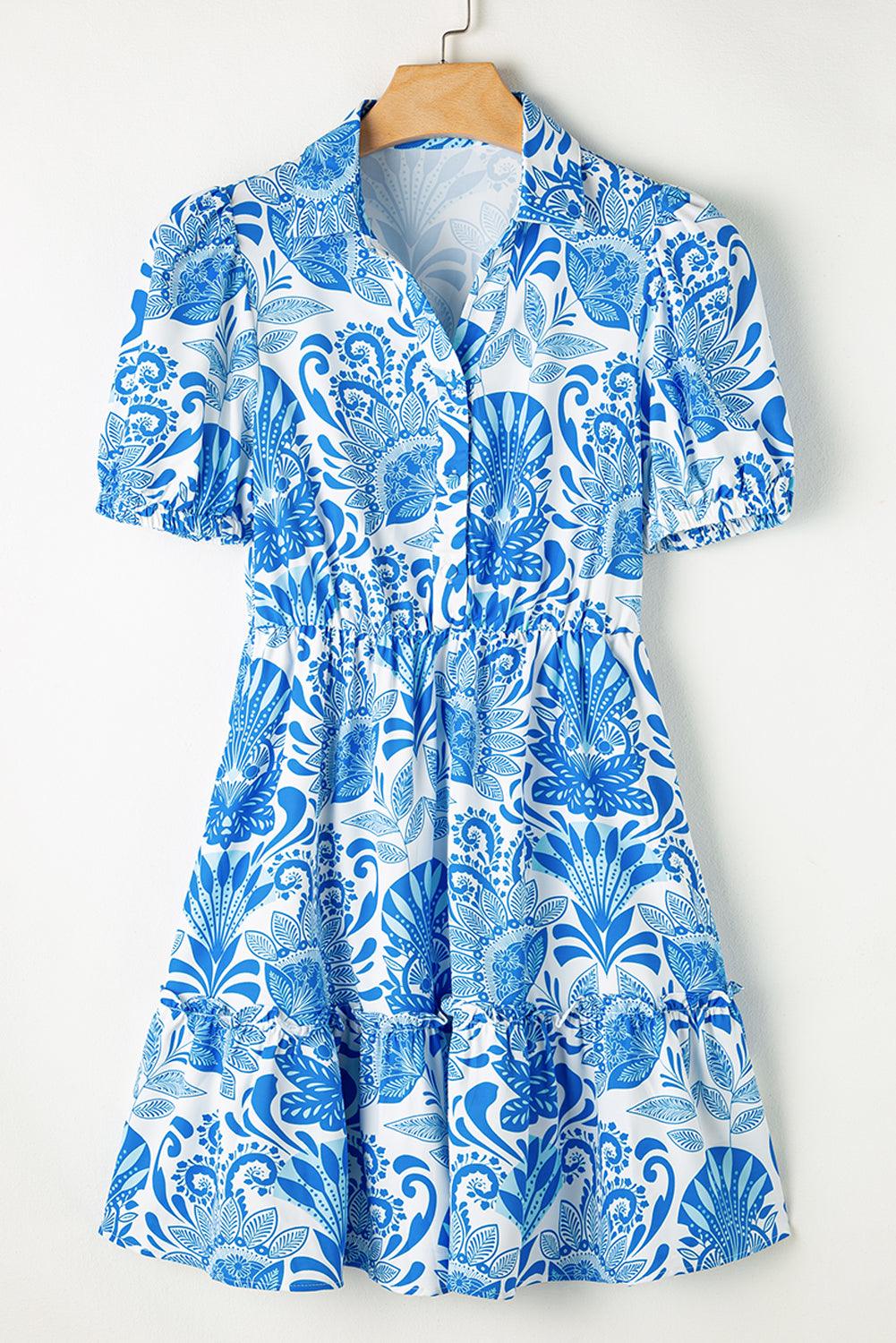 Retro Bloemenprint Mini Jurk met Ruches - Floral Dresses - Jurkjes.co