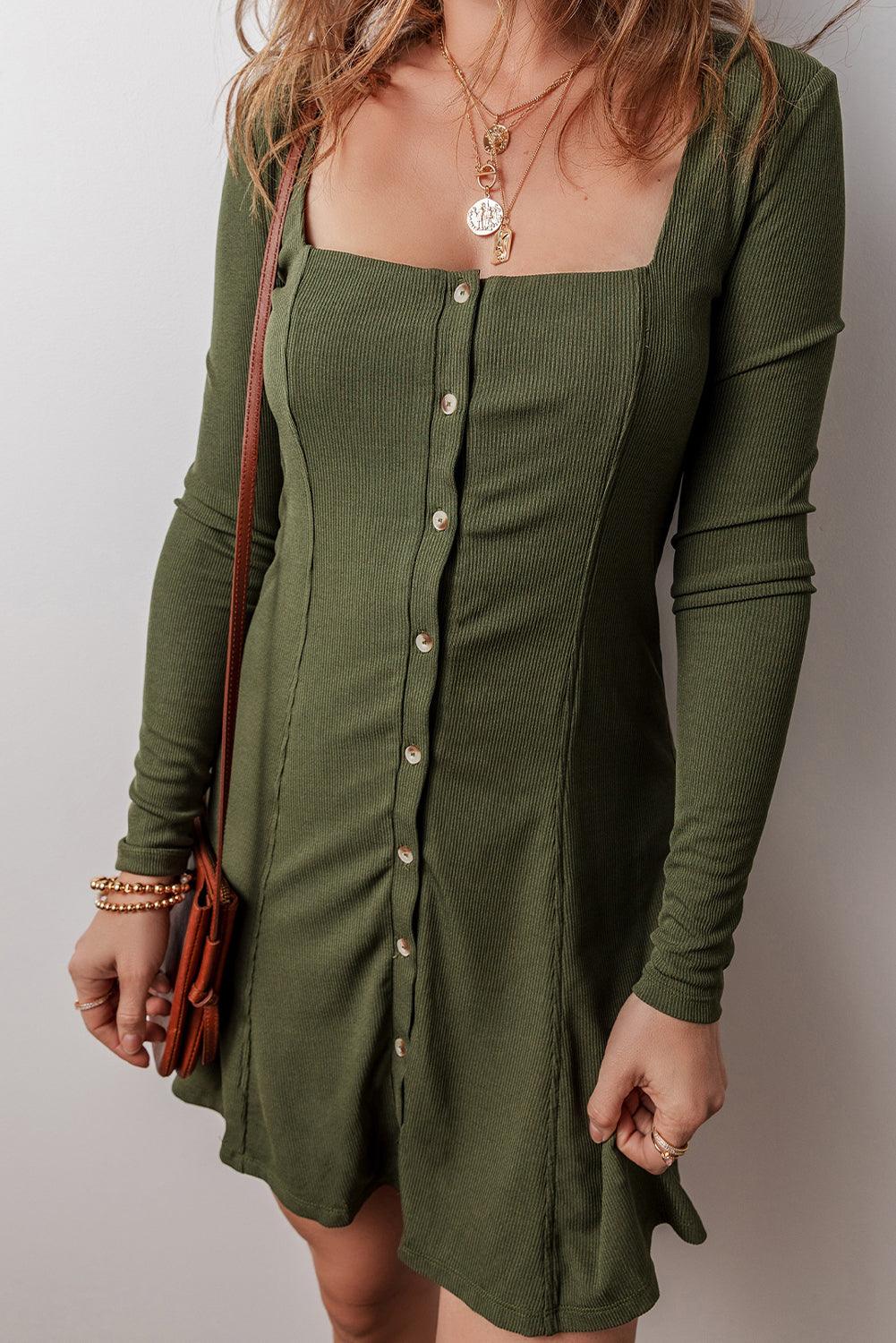 Rib Gebreide Mini Jurk met Vierkante Hals en Knoopjes - Mini Dresses - Jurkjes.co