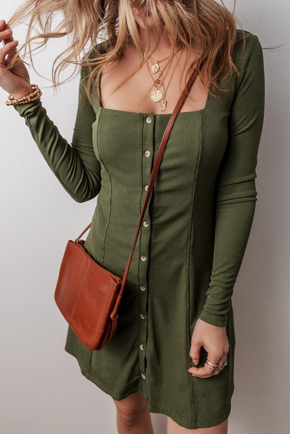 Rib Gebreide Mini Jurk met Vierkante Hals en Knoopjes - Mini Dresses - Jurkjes.co