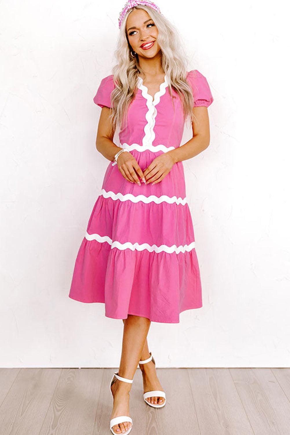 Ric Rac Trim Midi Jurk met Pofmouwen - Midi Dresses - Jurkjes.co