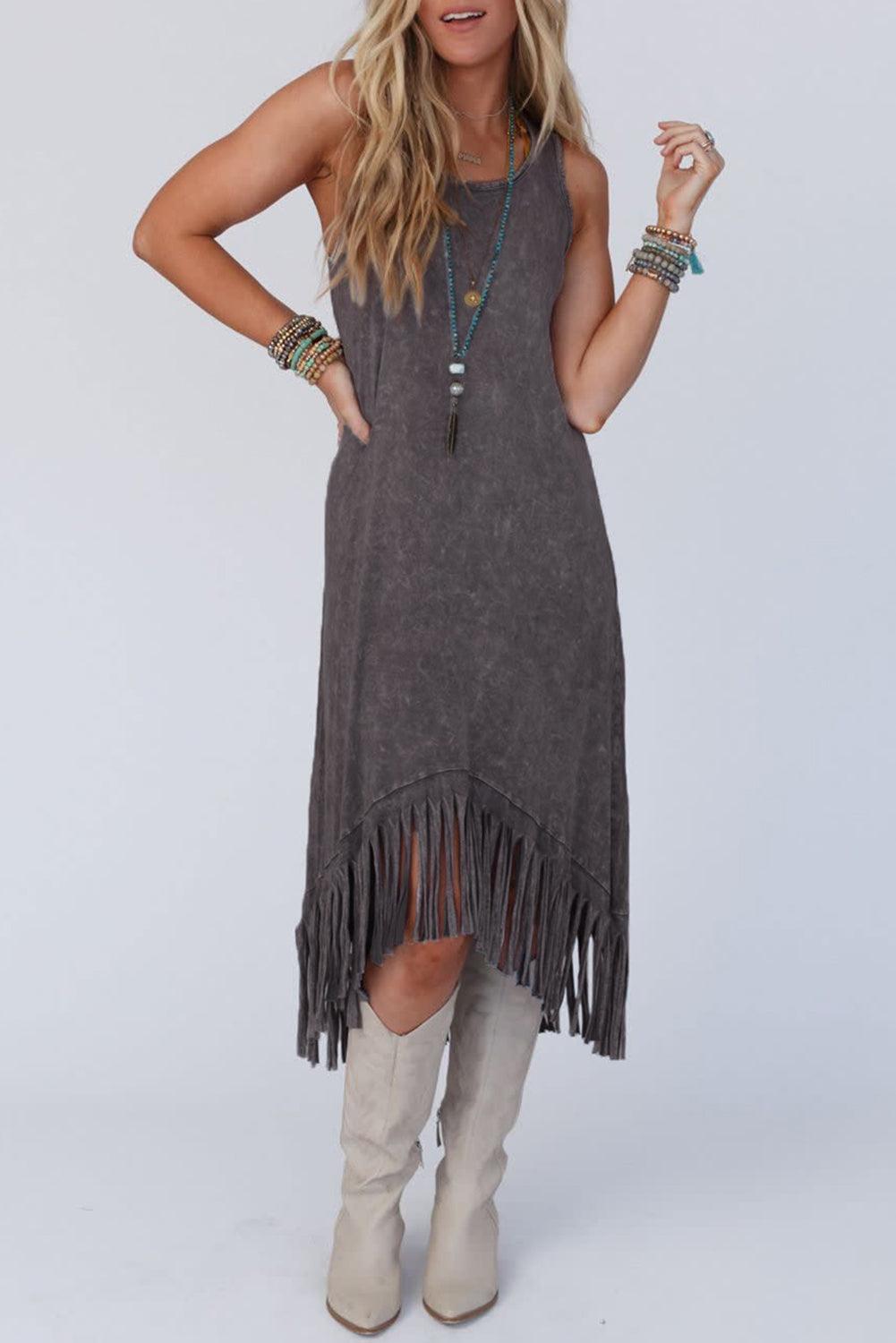 Ronde Hals Mouwloze Jurk met Franje Zoom - Maxi Dresses - Jurkjes.co