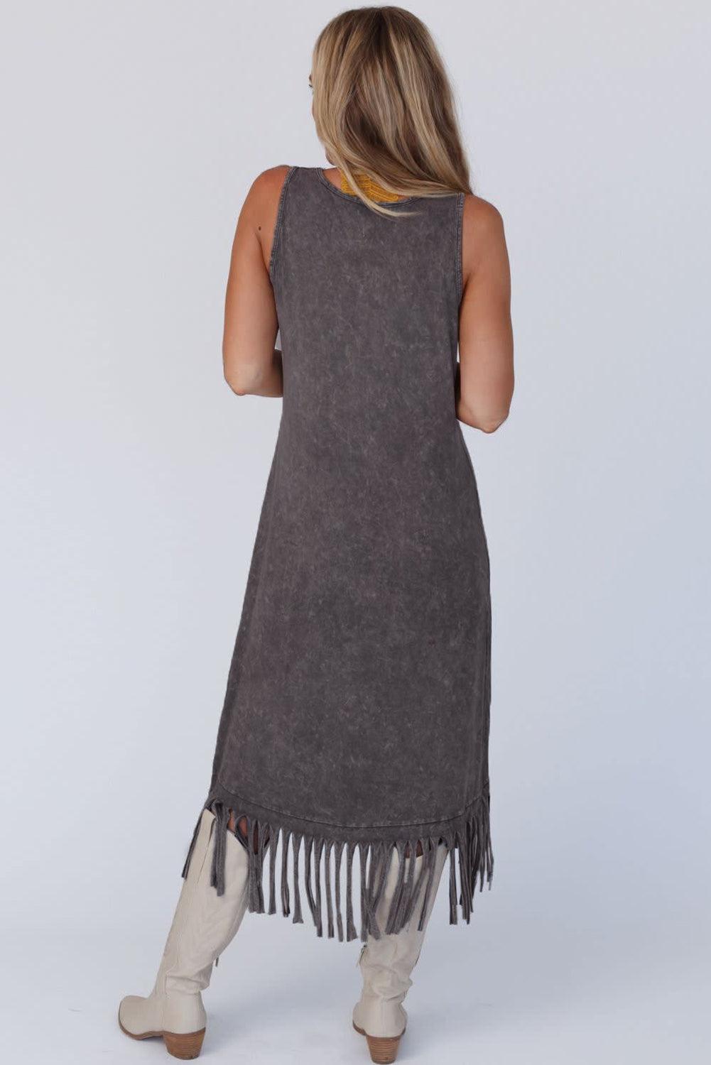 Ronde Hals Mouwloze Jurk met Franje Zoom - Maxi Dresses - Jurkjes.co
