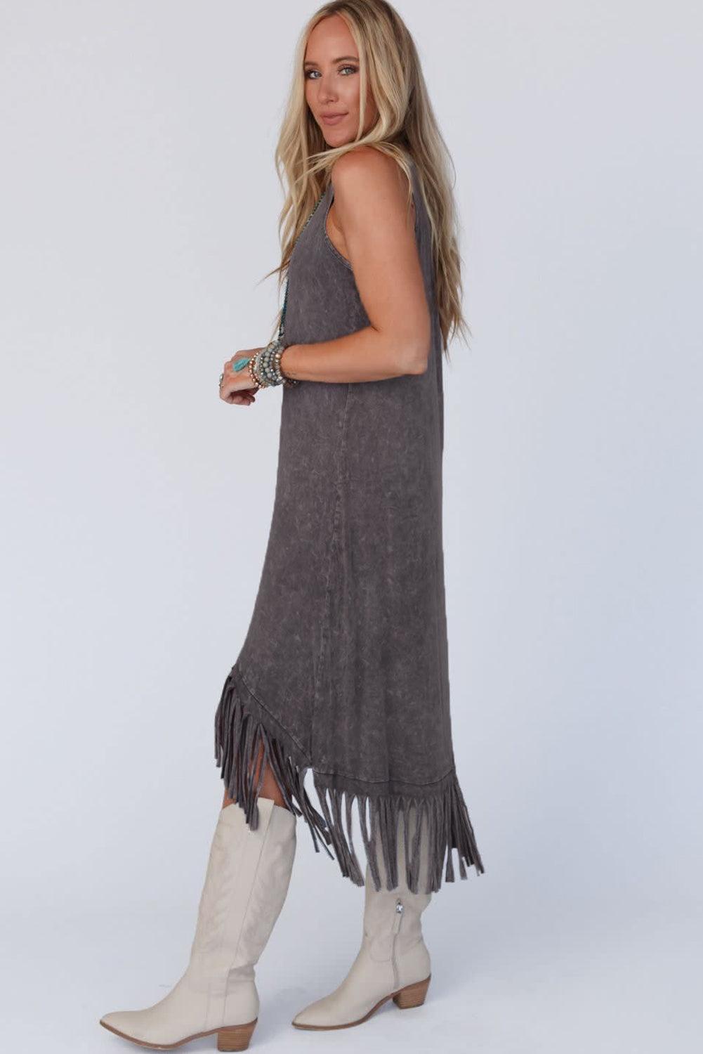 Ronde Hals Mouwloze Jurk met Franje Zoom - Maxi Dresses - Jurkjes.co
