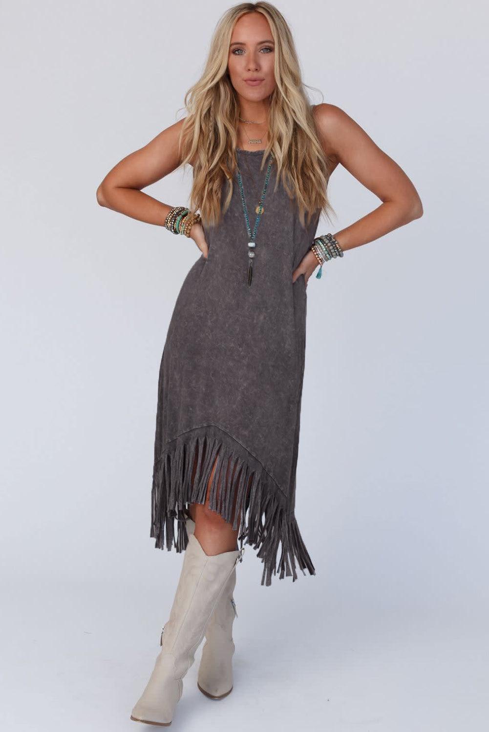 Ronde Hals Mouwloze Jurk met Franje Zoom - Maxi Dresses - Jurkjes.co