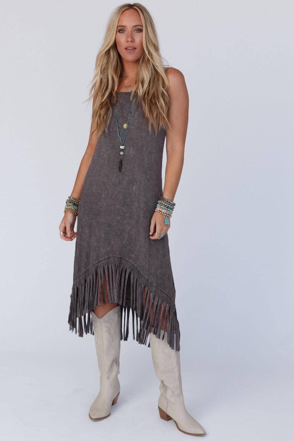 Ronde Hals Mouwloze Jurk met Franje Zoom - Maxi Dresses - Jurkjes.co