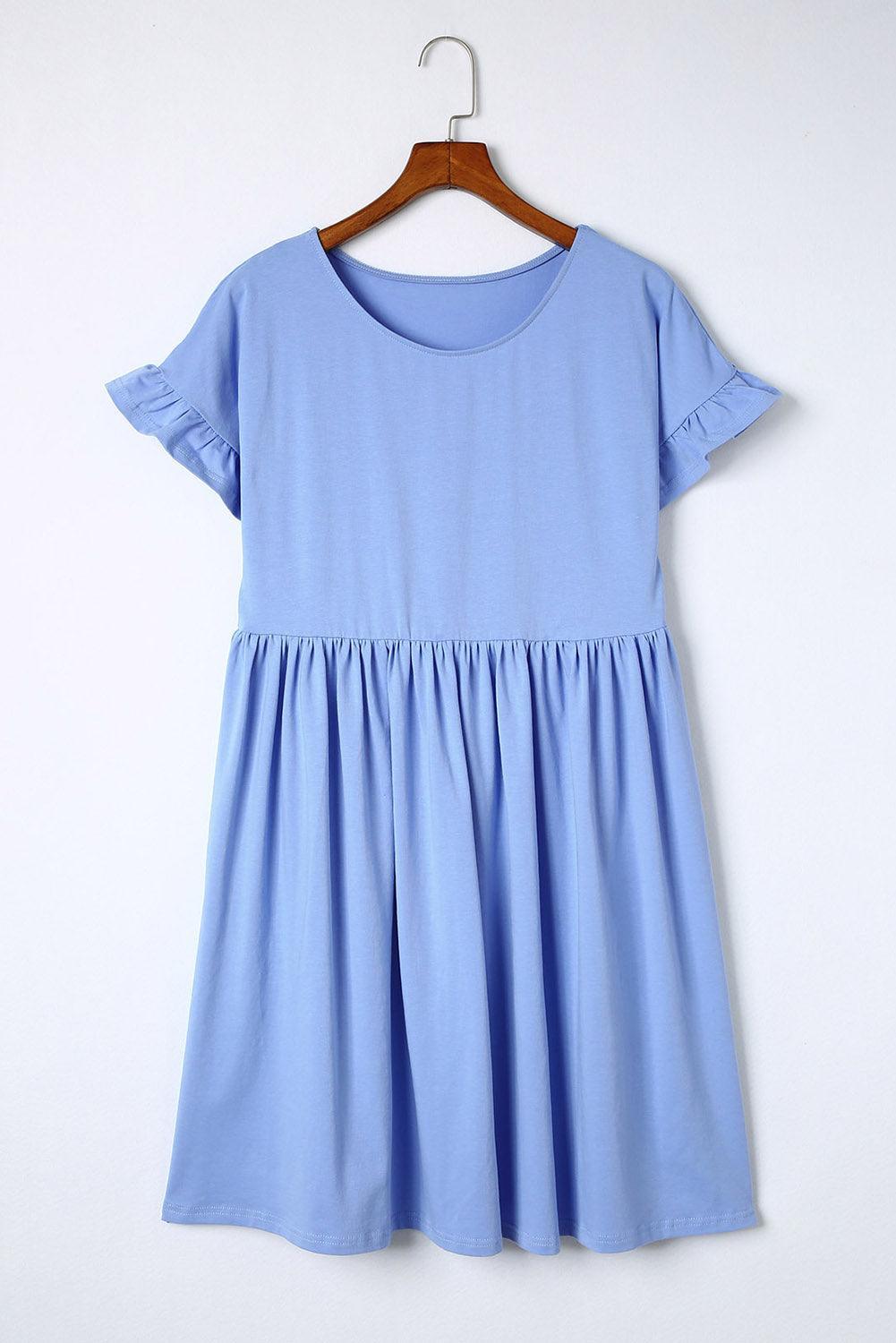 Ronde Hals Ruimvallende Jurk met Ruches Mouwen - Mini Dresses - Jurkjes.co
