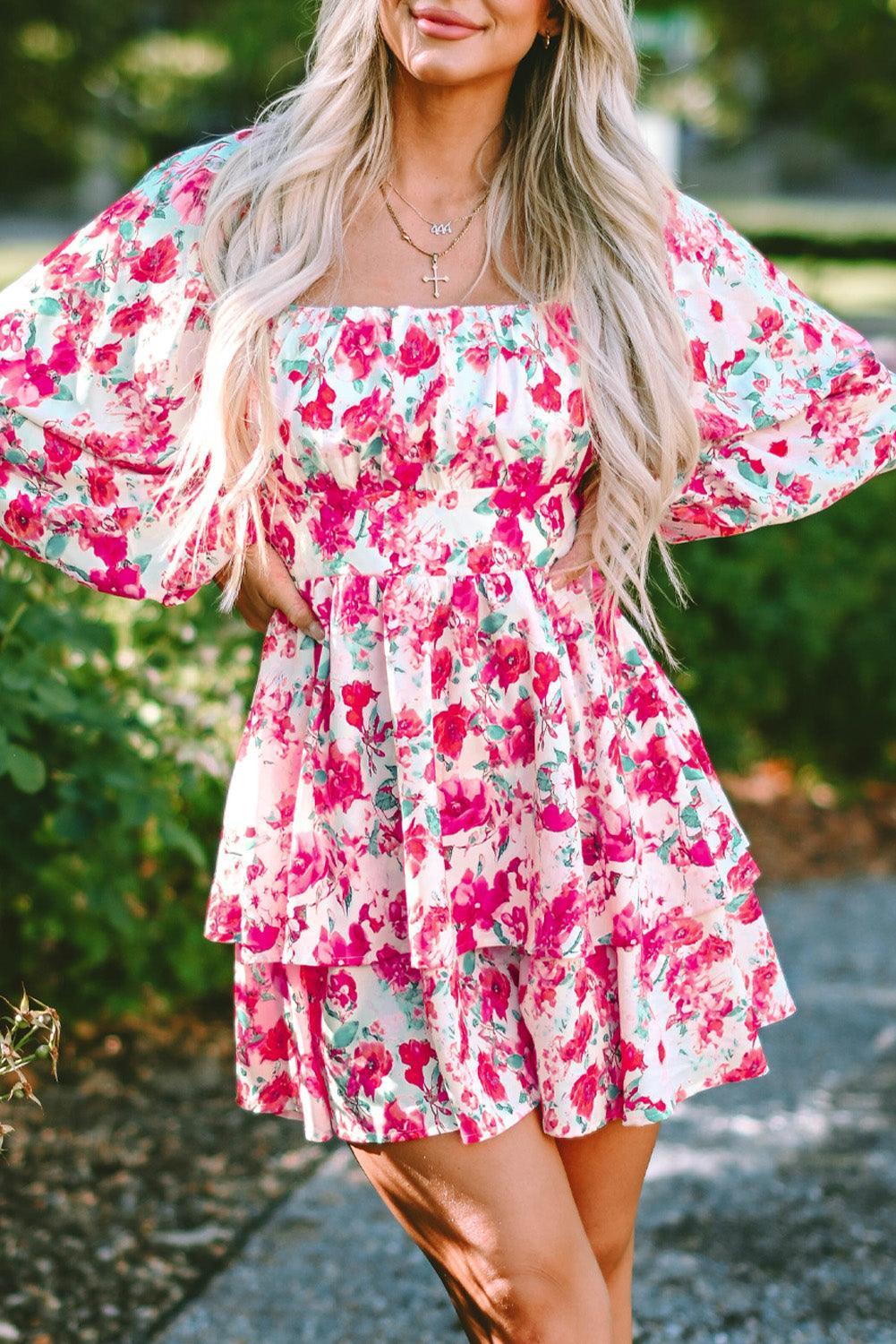 Ruche Gelaagde Taillejurk met Bloemen - Floral Dresses - Jurkjes.co