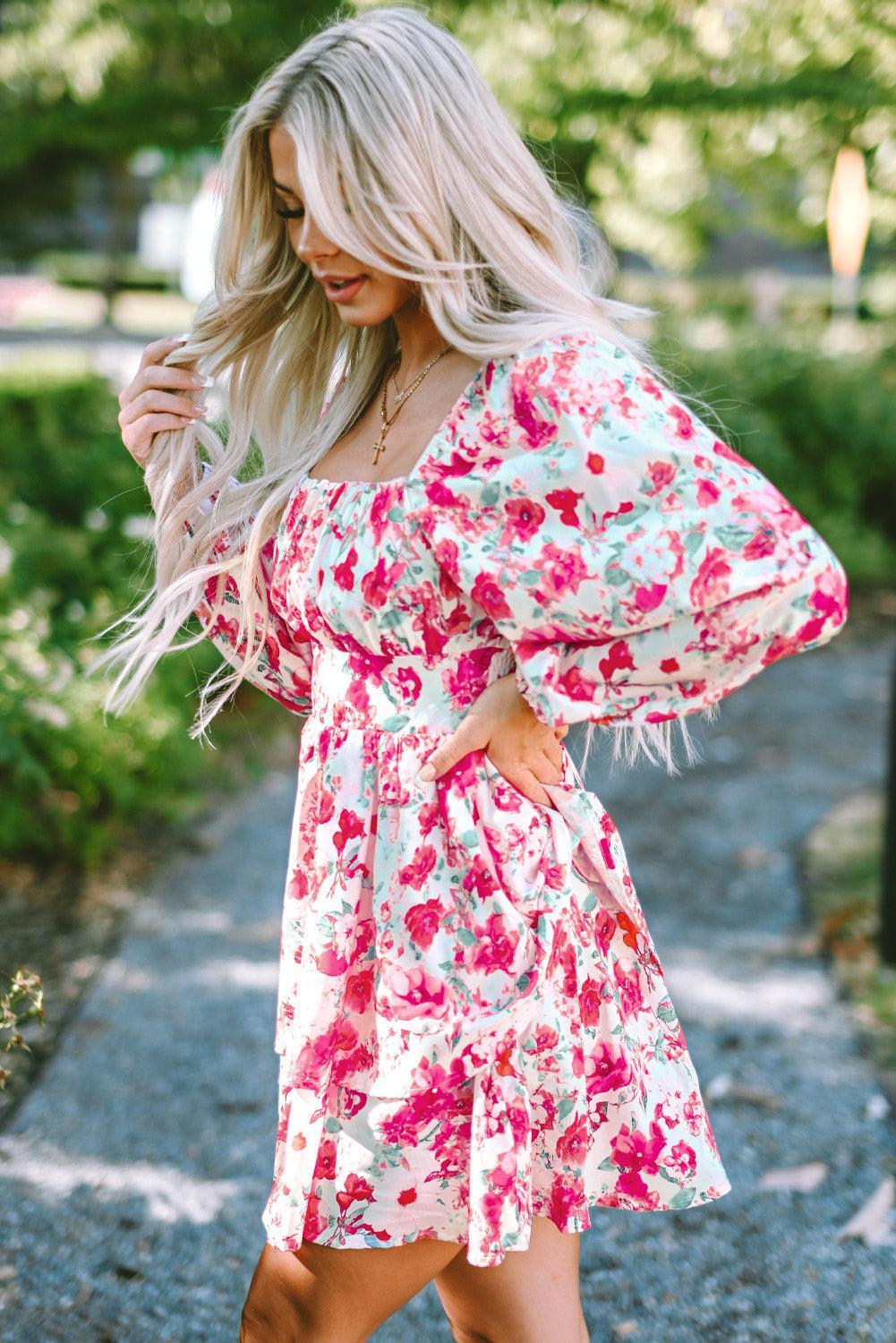 Ruche Gelaagde Taillejurk met Bloemen - Floral Dresses - Jurkjes.co