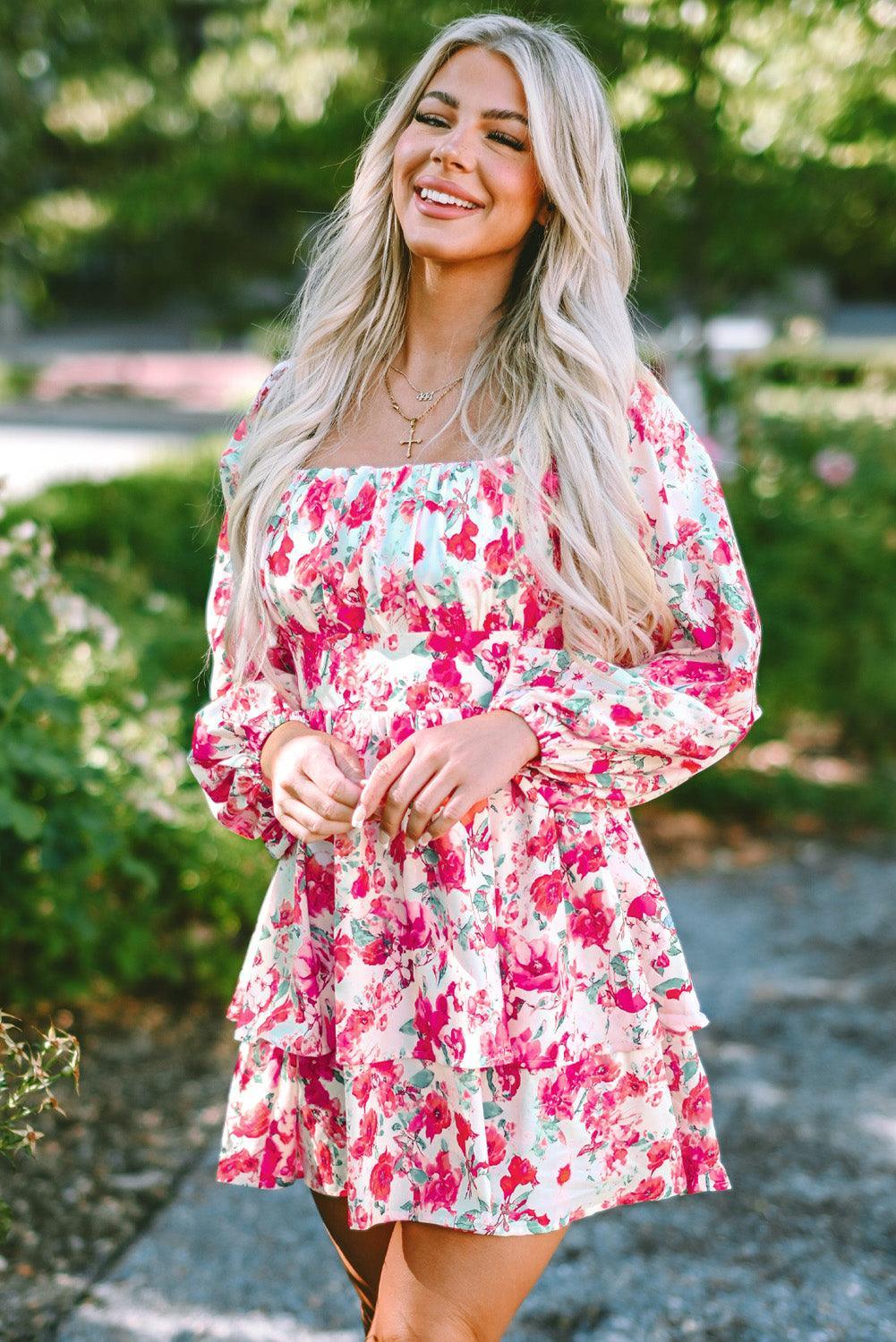 Ruche Gelaagde Taillejurk met Bloemen - Floral Dresses - Jurkjes.co