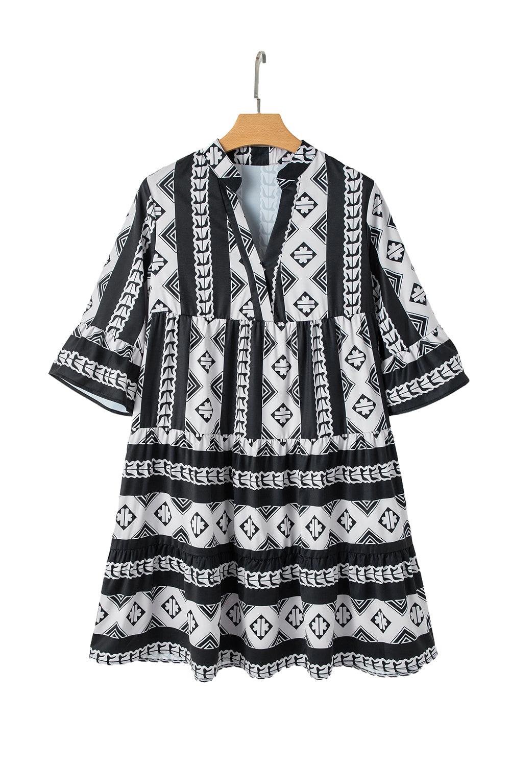 Ruches Jurk met Geometrische Print - Mini Dresses - Jurkjes.co
