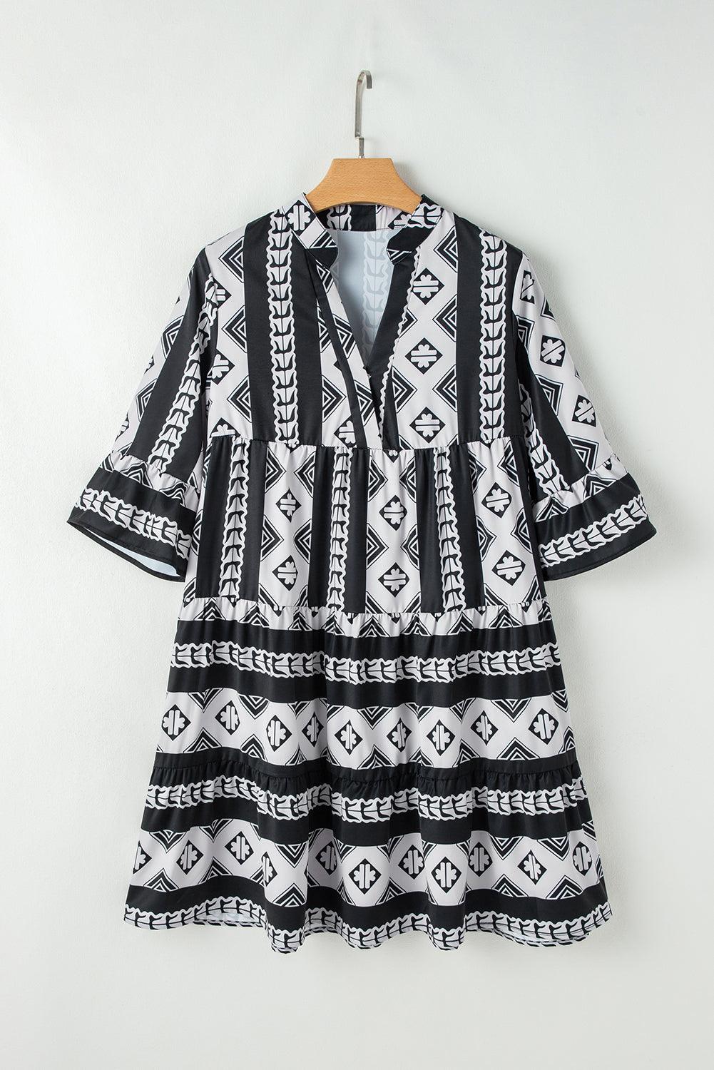 Ruches Jurk met Geometrische Print - Mini Dresses - Jurkjes.co