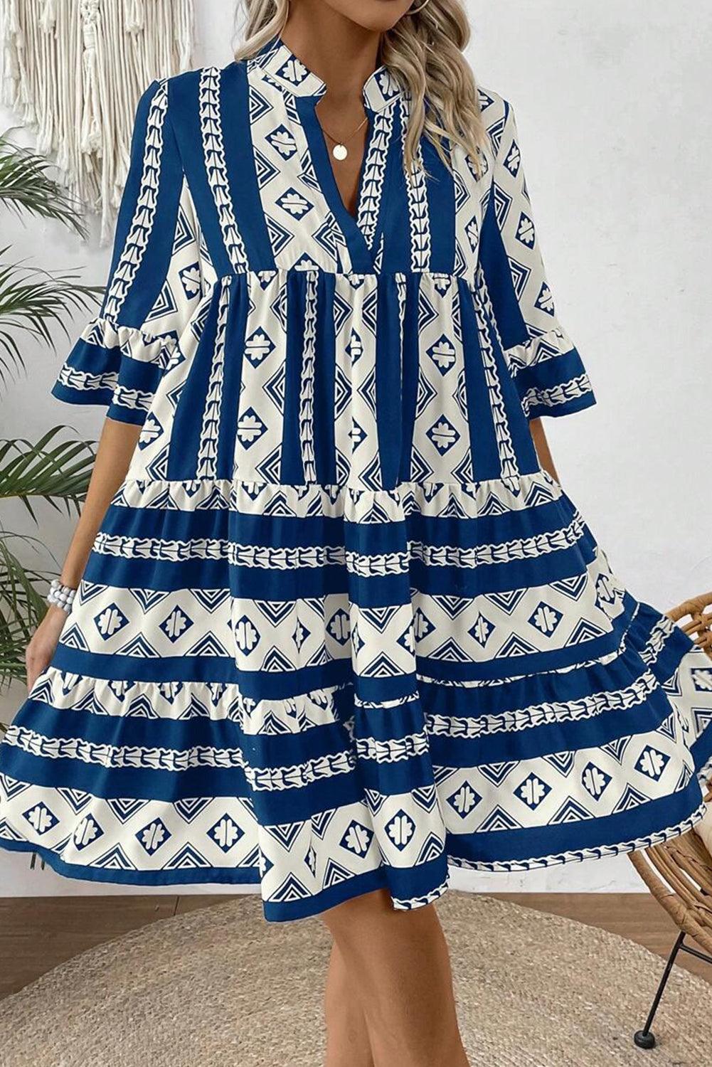 Ruches Jurk met Geometrische Print - Mini Dresses - Jurkjes.co