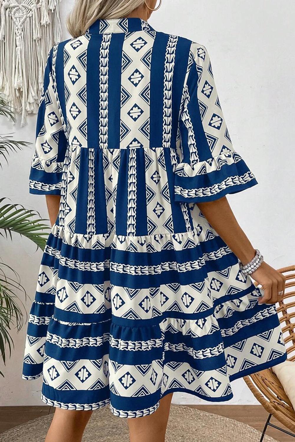 Ruches Jurk met Geometrische Print - Mini Dresses - Jurkjes.co