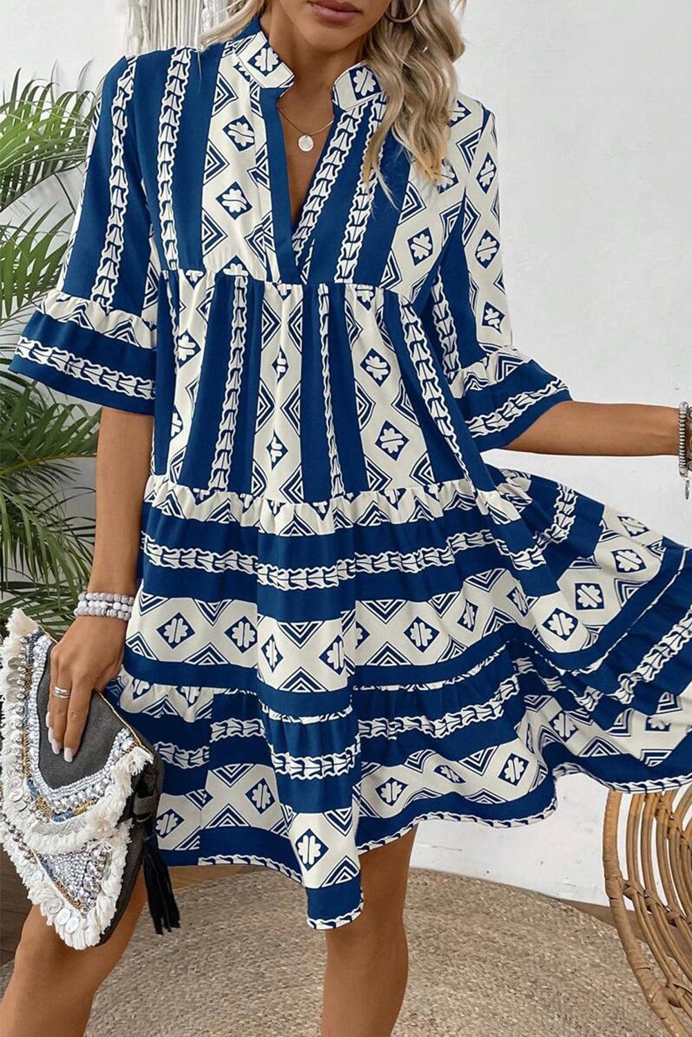 Ruches Jurk met Geometrische Print - Mini Dresses - Jurkjes.co