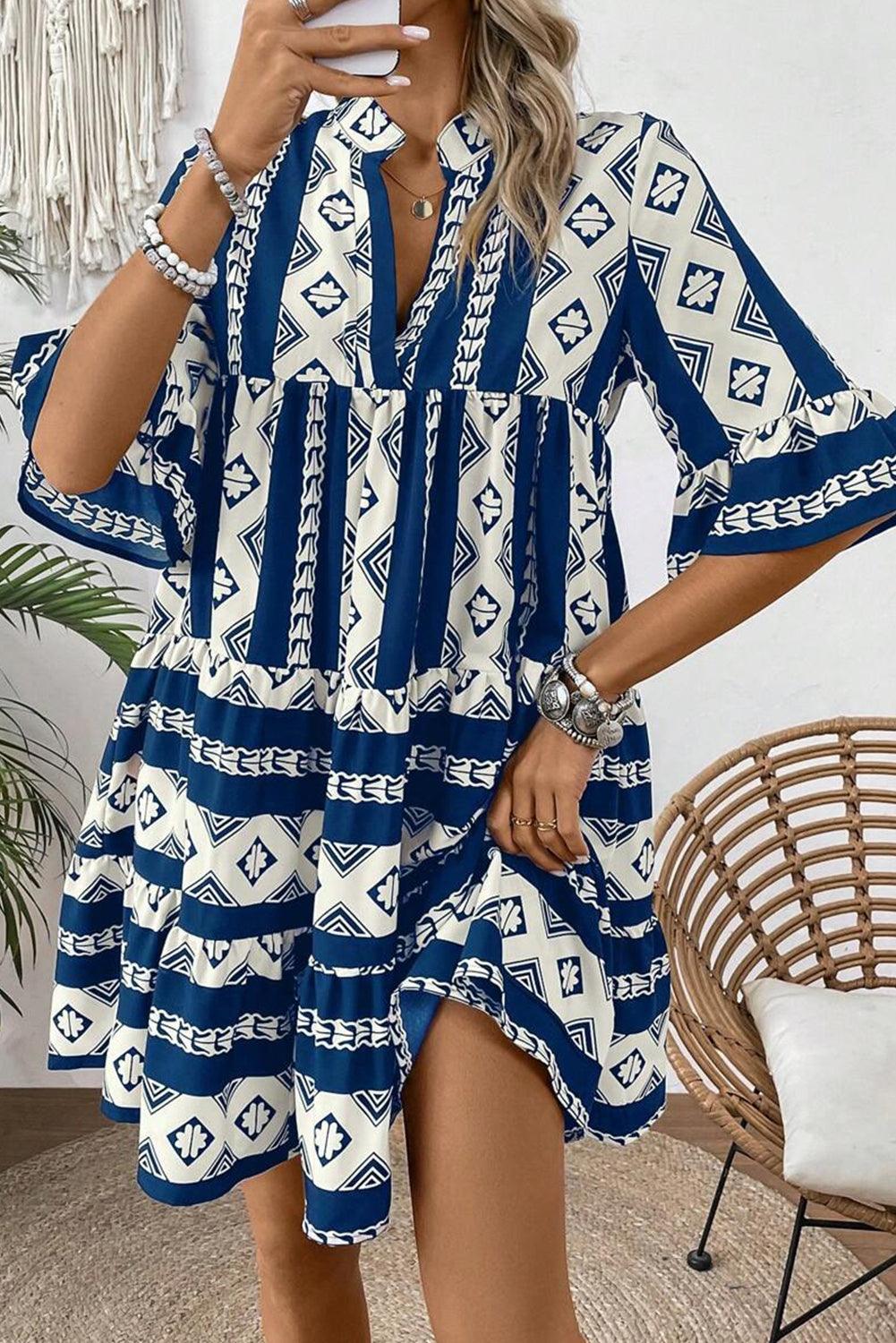 Ruches Jurk met Geometrische Print - Mini Dresses - Jurkjes.co