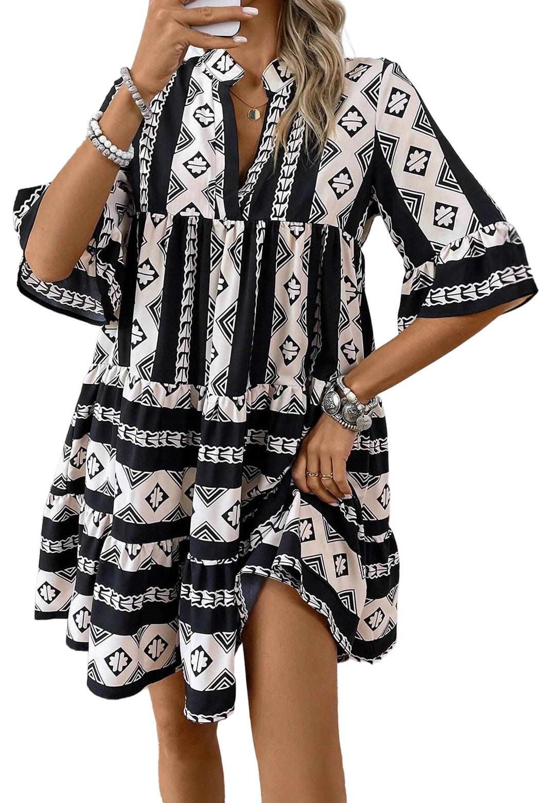 Ruches Jurk met Geometrische Print - Mini Dresses - Jurkjes.co