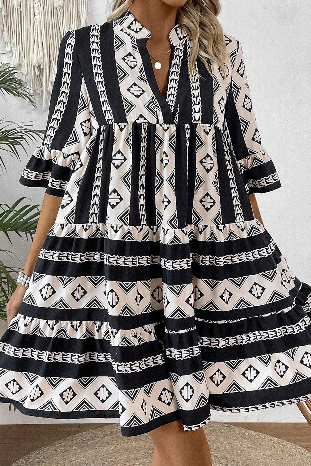 Ruches Jurk met Geometrische Print - Mini Dresses - Jurkjes.co