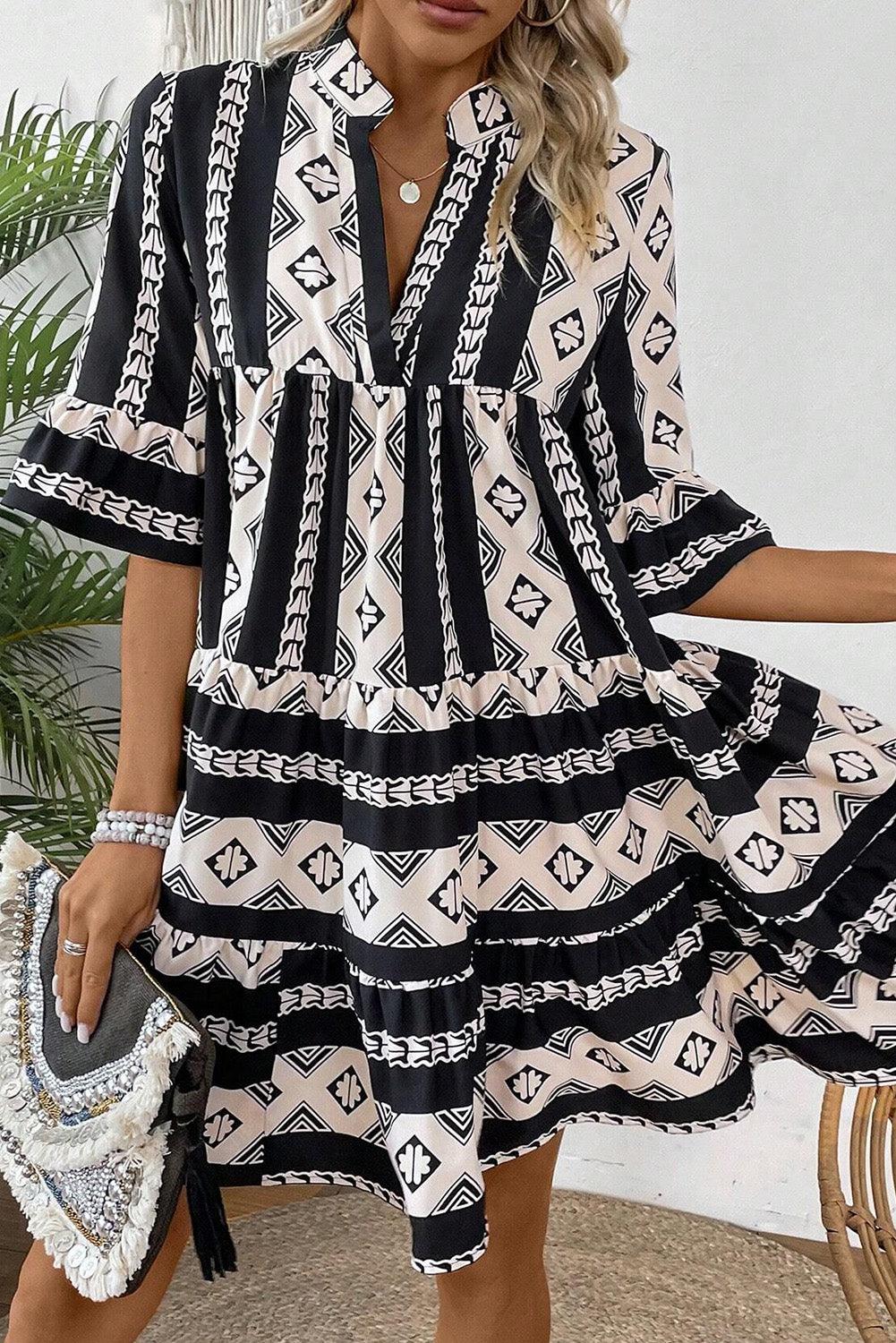 Ruches Jurk met Geometrische Print - Mini Dresses - Jurkjes.co