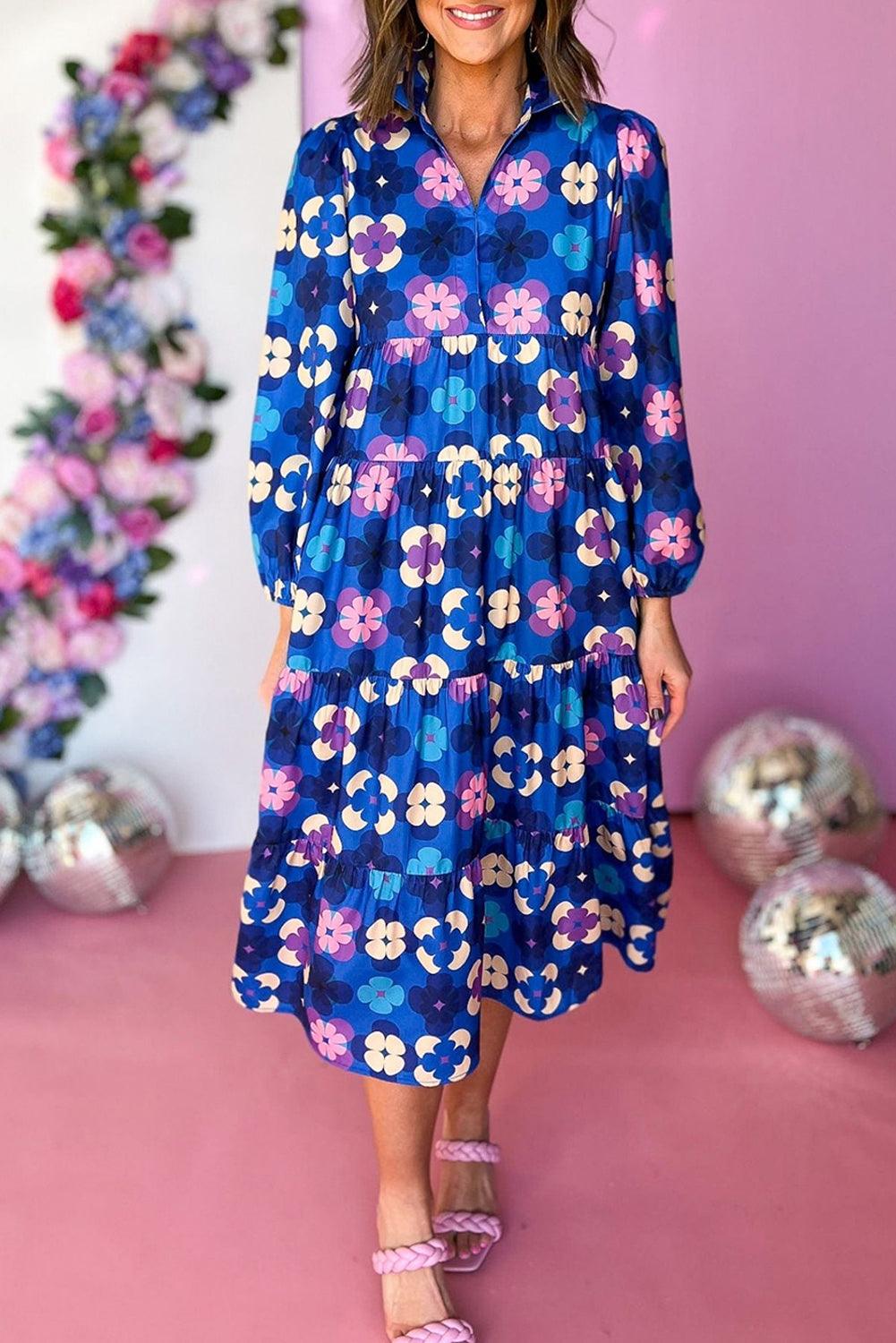 Ruffle Midi Jurk met Bloemenprint en Peasant Mouw - Midi Dresses - Jurkjes.co