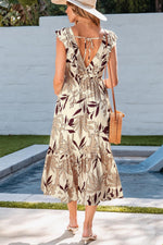 Ruffle V-hals Lange Jurk met Bladerenprint - Maxi Dresses - Jurkjes.co