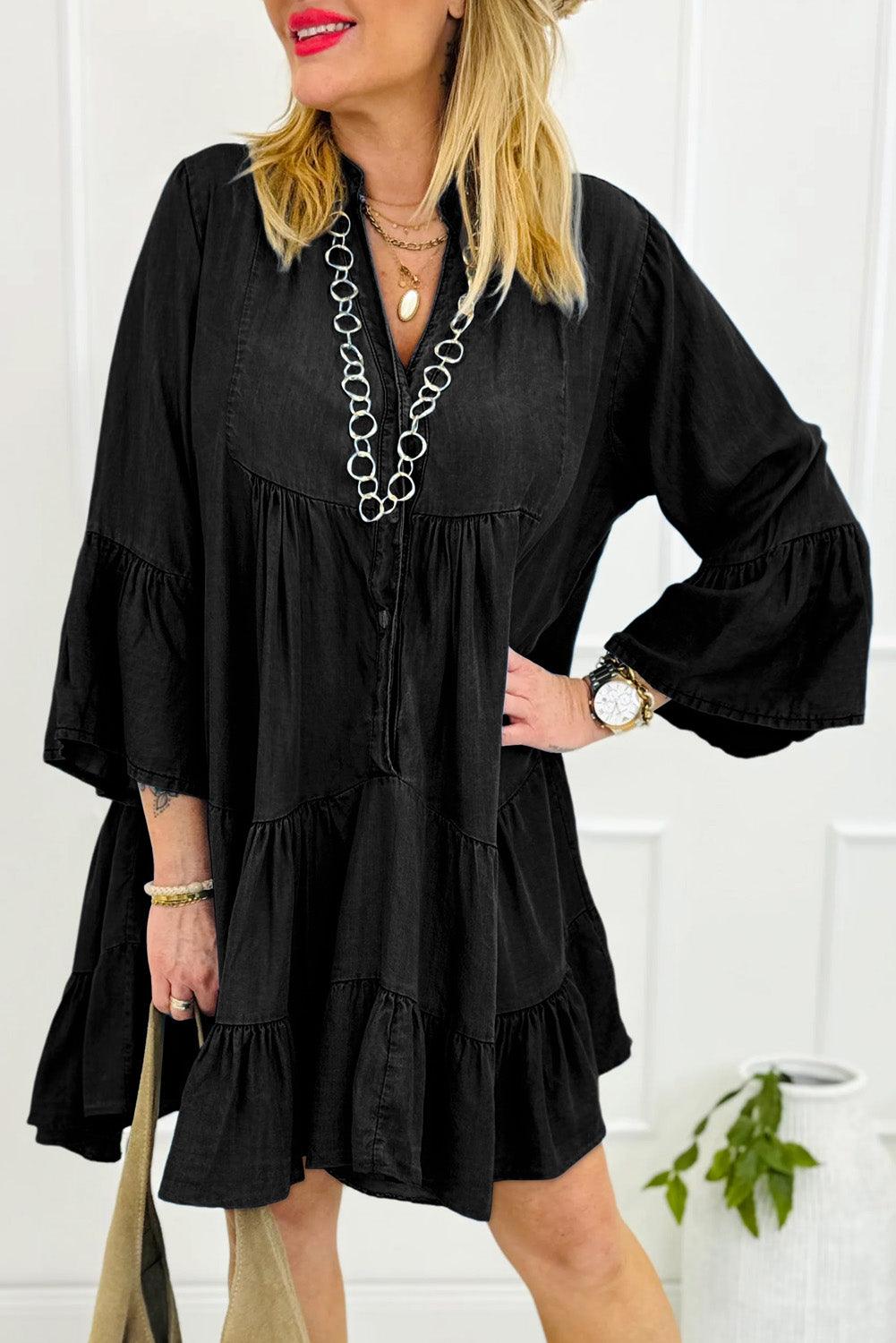 Ruffled Split Mini Jurk met V-Hals en 3/4 Mouw - Mini Dresses - Jurkjes.co