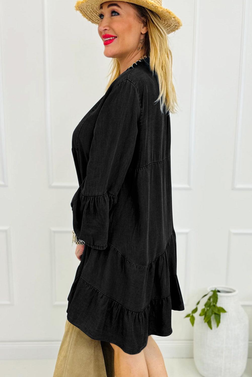 Ruffled Split Mini Jurk met V-Hals en 3/4 Mouw - Mini Dresses - Jurkjes.co