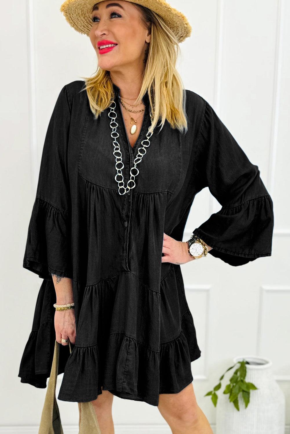 Ruffled Split Mini Jurk met V-Hals en 3/4 Mouw - Mini Dresses - Jurkjes.co