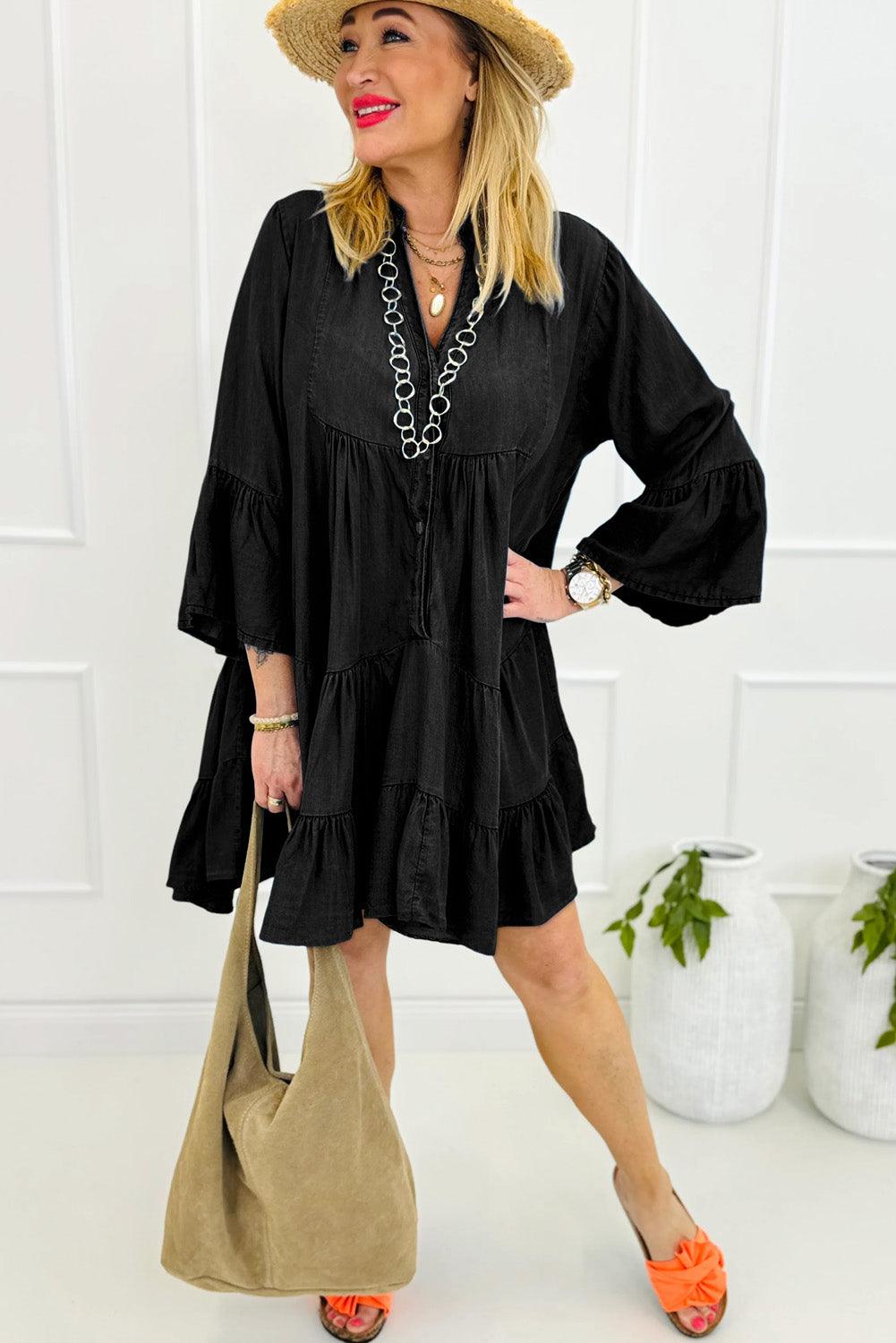 Ruffled Split Mini Jurk met V-Hals en 3/4 Mouw - Mini Dresses - Jurkjes.co