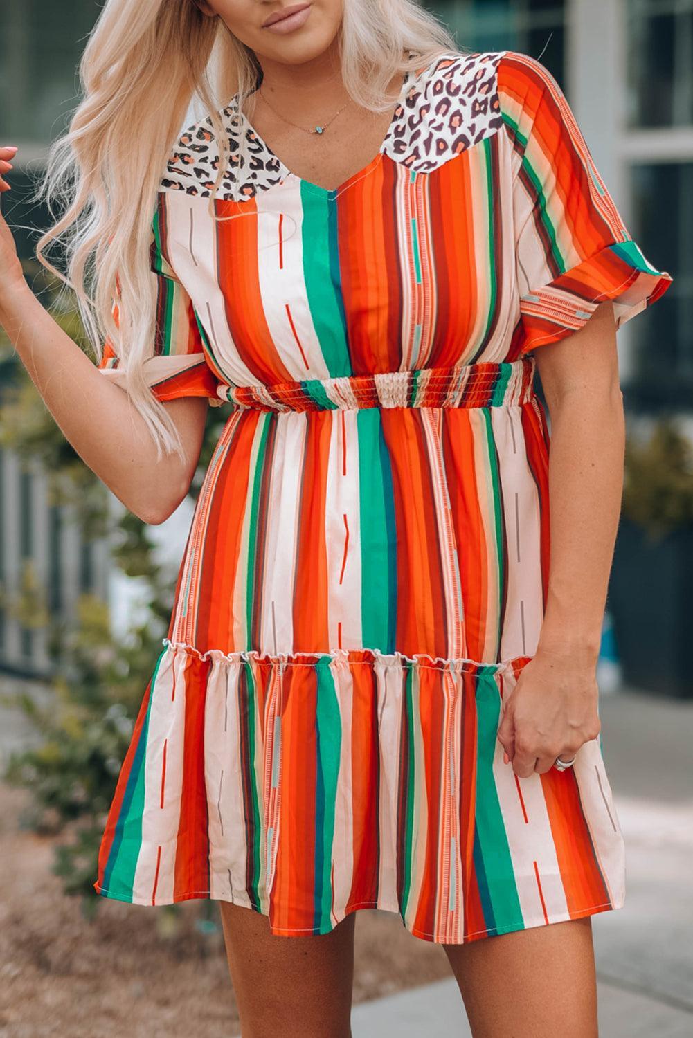 Serape Gestreepte Minijurk met Luipaard Detail - Mini Dresses - Jurkjes.co