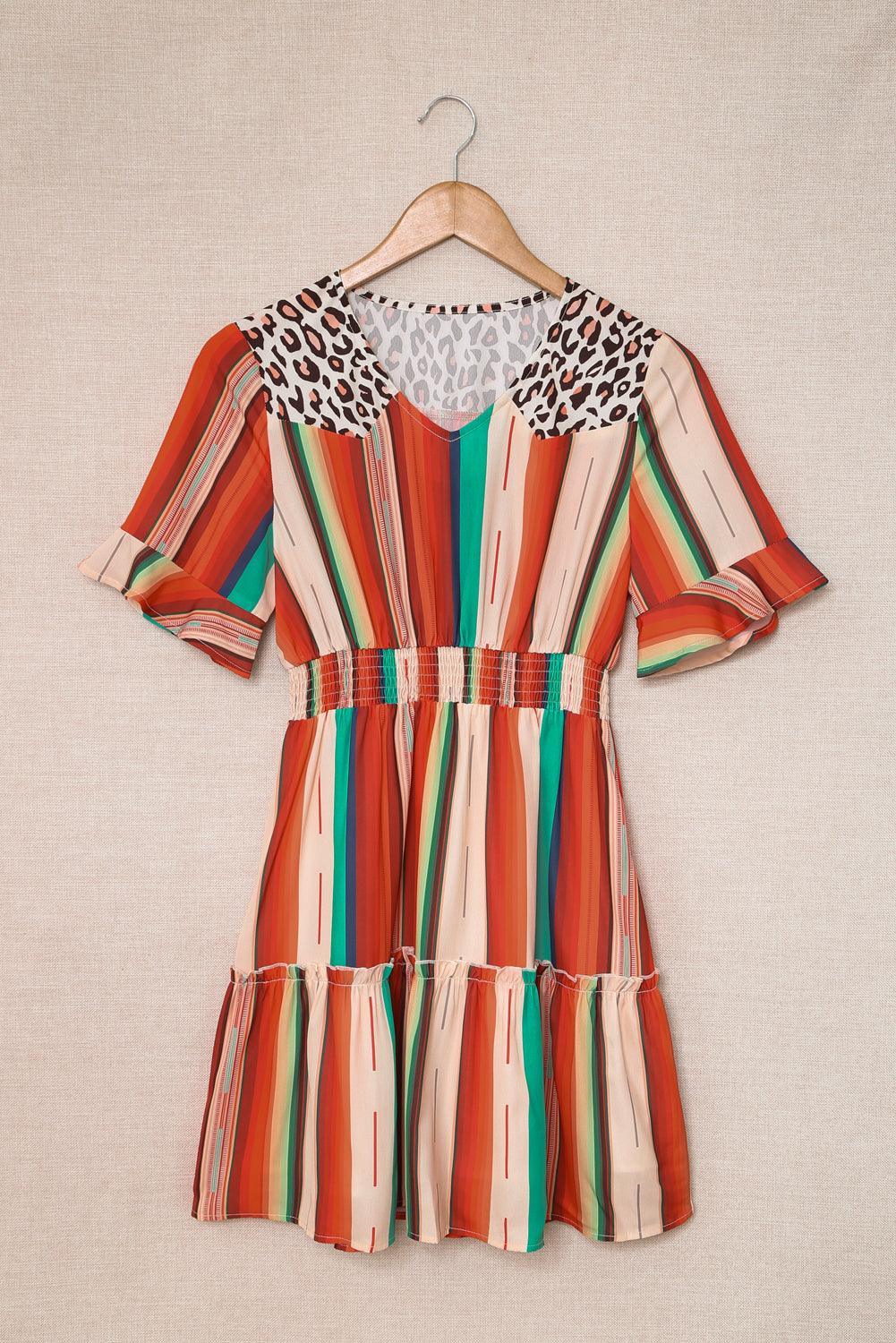 Serape Gestreepte Minijurk met Luipaard Detail - Mini Dresses - Jurkjes.co